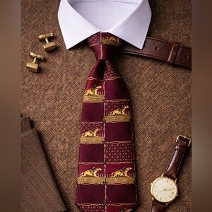 Vintage Italian Silk Equestrian Tie Horse Racing Derby Burgundy Gold